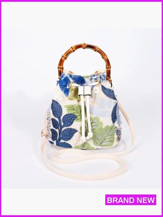 Hand Embroidered Bohemian Tote Bag with Bamboo Handle for Summer Beach - Picture 4 of 7